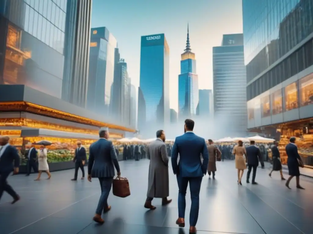 Distrito financiero global: rascacielos y profesionales en movimiento La vida agitada de una metrópolis financiera global con rascacielos modernos y profesionales ocupados