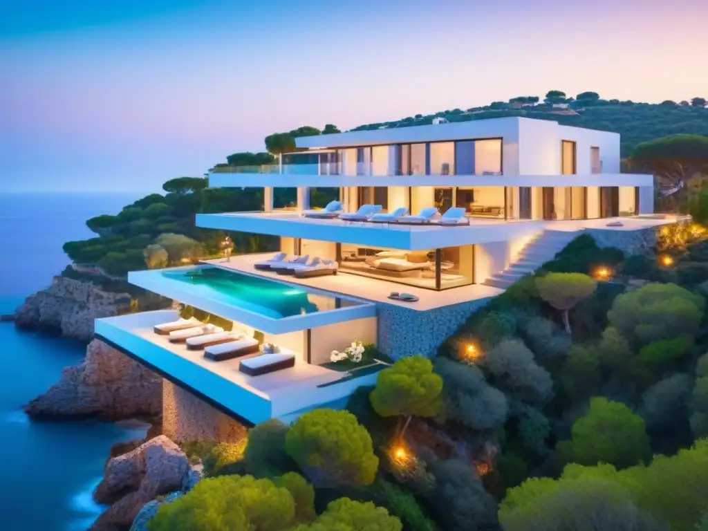 Villa de lujo con vistas al mar en España Villa de lujo en acantilado sobre el mar Mediterráneo al atardecer en España