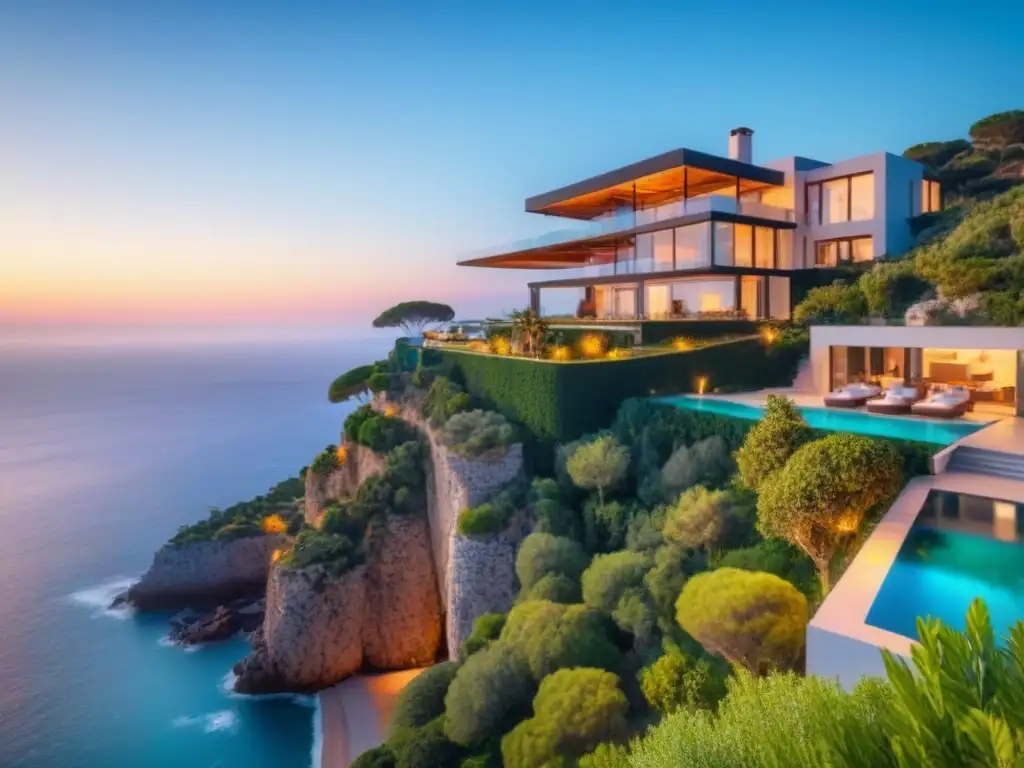 Villa de lujo en acantilado con vista al mar Mediterráneo Villa de lujo en acantilado con piscina infinita y vistas al mar Mediterráneo al atardecer