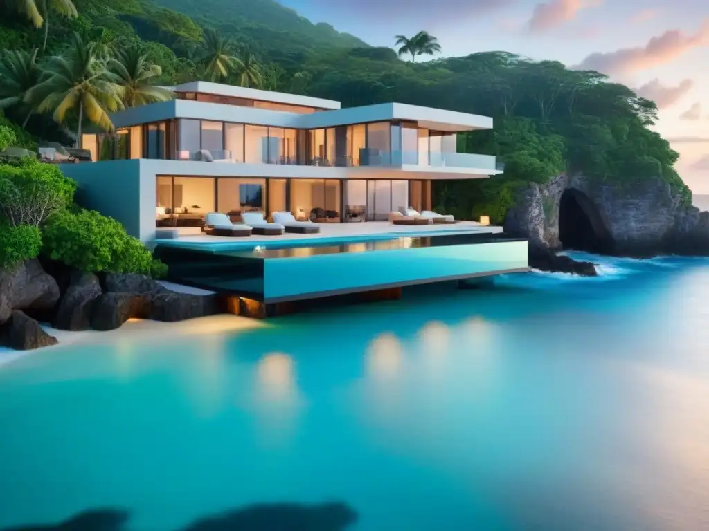 Villa de lujo en acantilado con piscina infinita en el Caribe al atardecer