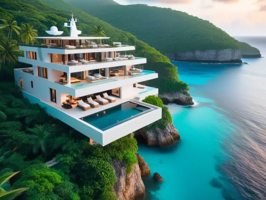 Villa de lujo frente al mar en isla del Caribe Villa de lujo en acantilado con piscina infinita, yate privado y atardecer en una de las mejores islas para hogar lujo en el Caribe