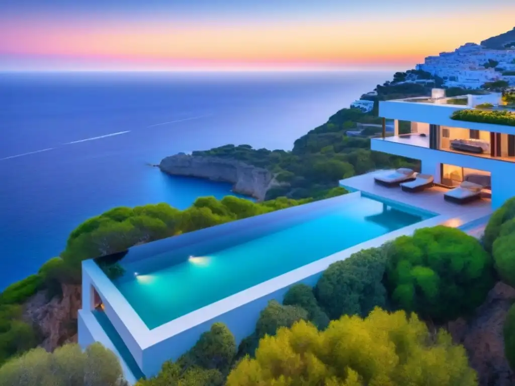 Villa de lujo en acantilado con vistas al mar Mediterráneo al atardecer Villa de lujo en acantilado con infinity pool, jardines y vistas al mar Mediterráneo al atardecer