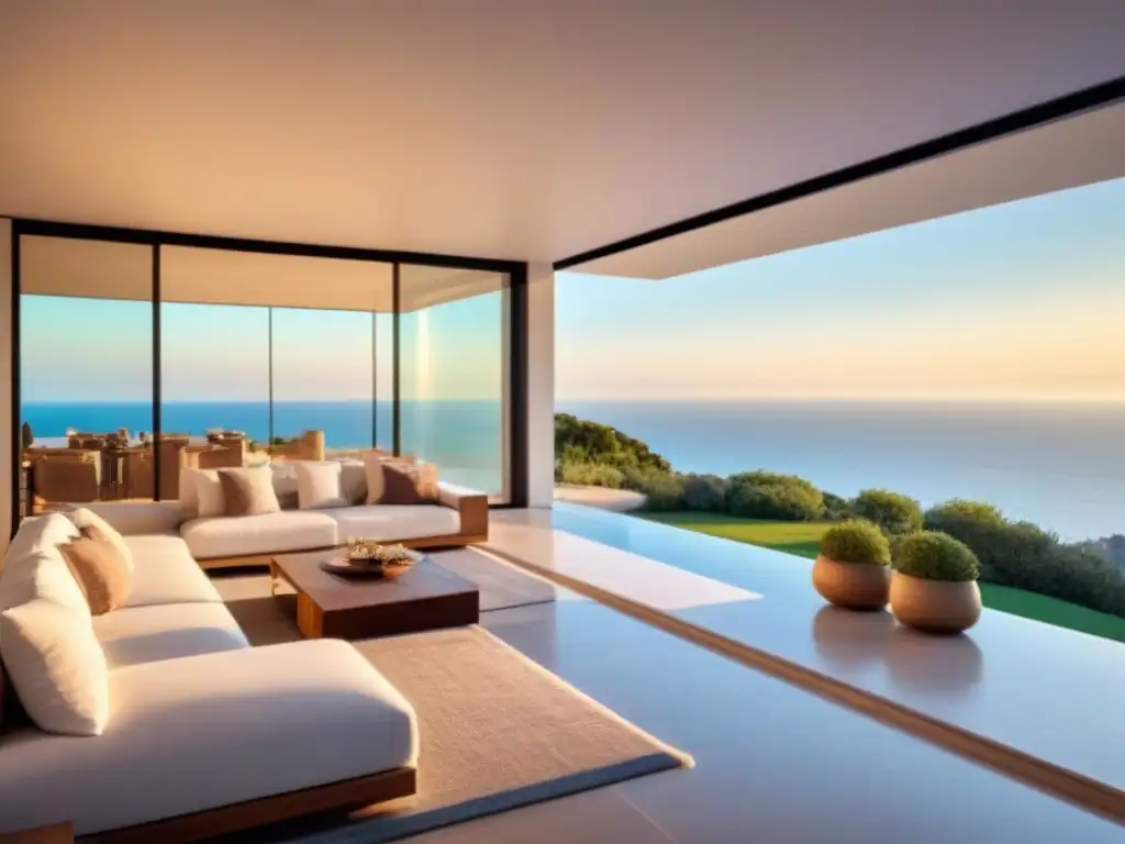 Villa de lujo en España: diseño moderno con vistas al mar Villa de lujo en España con diseño moderno, vistas al mar y muebles contemporáneos bajo luz dorada