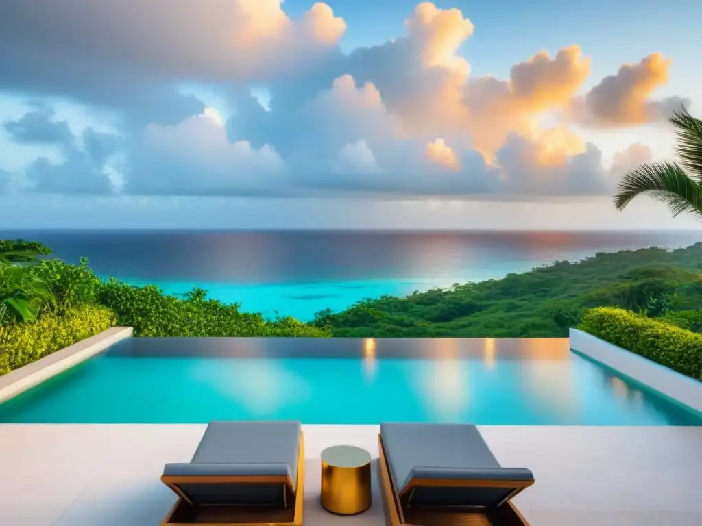 Villa de lujo frente al mar en el Caribe: diseño moderno con piscina infinita y vistas al océano Villa de lujo frente a la playa en el Caribe con diseño moderno y vistas al mar turquesa al atardecer, creando atmósfera serena y lujosa