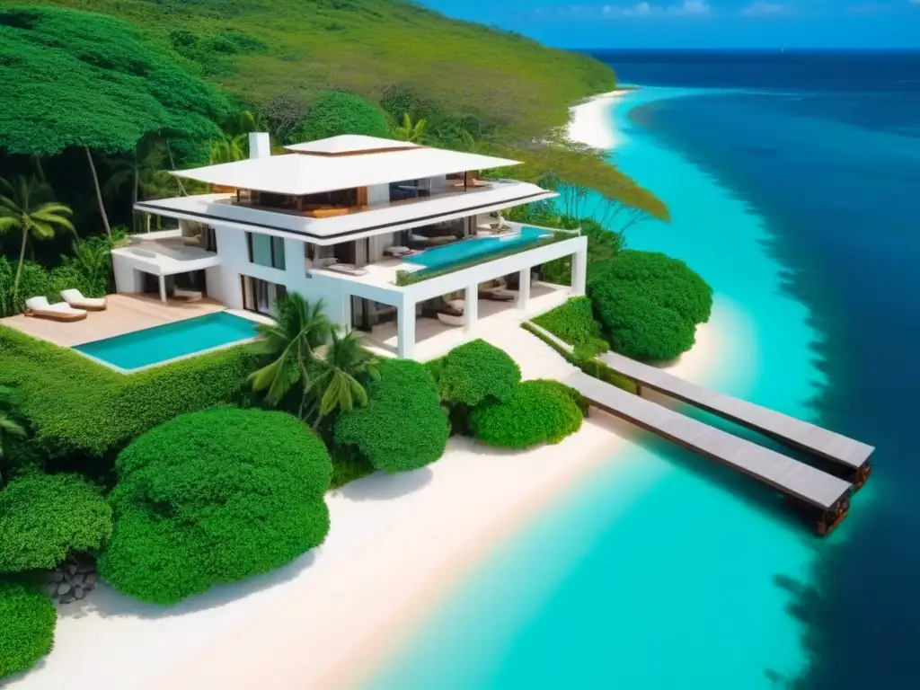 Villa de lujo en el Caribe: exclusividad y opulencia Villa de lujo frente a la playa en el Caribe con arquitectura moderna, piscina infinita y muelle privado con yate