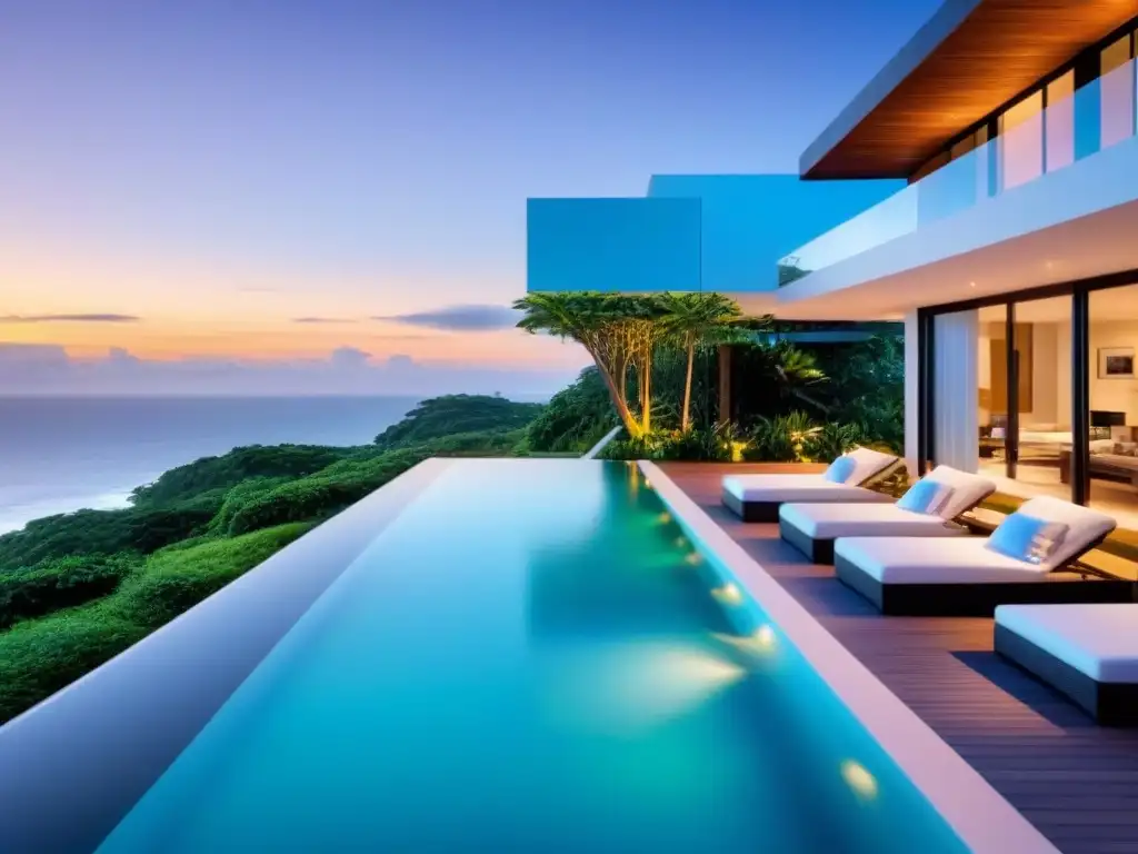 Villa de lujo frente a la playa en Sudamérica con arquitectura moderna, piscina infinita y vistas al mar