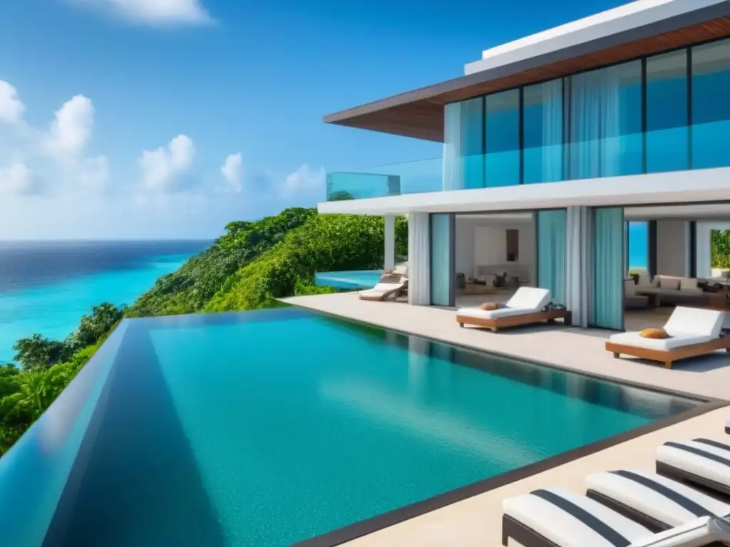 Villa de lujo en la playa con vistas al mar y piscina infinita privada Villa de lujo frente a la playa con ventanales de piso a techo, piscina infinita privada y exuberante vegetación tropical