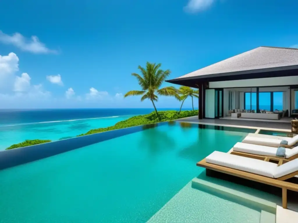 Villa de lujo en el Caribe: diseño moderno con vistas al mar turquesa y playa blanca Villa de lujo frente a la playa en el Caribe con diseño moderno y vista al mar turquesa