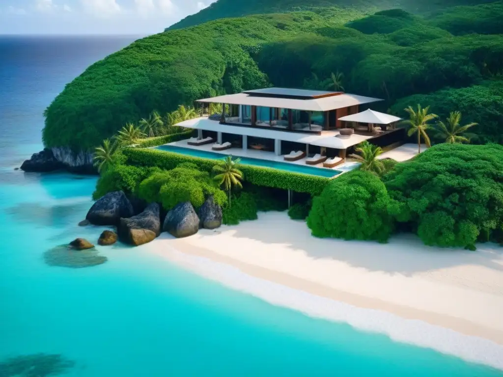 Villa de lujo en playa caribeña Villa de lujo en isla paradisíaca, con playa de arena blanca, aguas turquesas y exuberante vegetación tropical