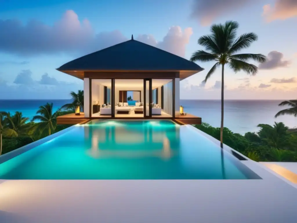 Villa de lujo frente al mar en el Caribe: exclusividad y elegancia Villa de lujo frente al mar en el Caribe, con aguas turquesas y atardecer