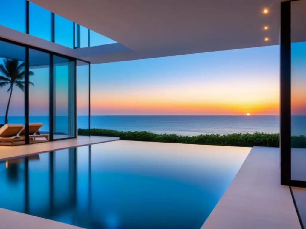 Villa de lujo frente a la playa con atardecer espectacular Villa de lujo frente al mar con atardecer sobre el océano y piscina infinita privada