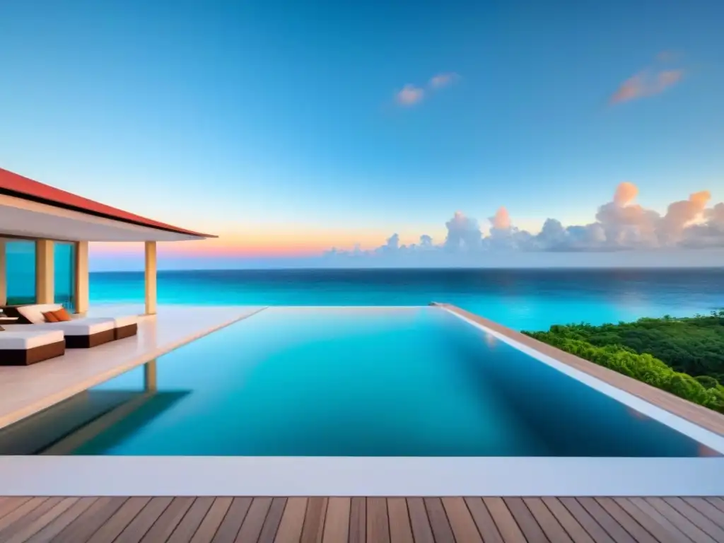 Villa de lujo frente al mar en el Caribe: arquitectura moderna y atardecer de ensueño Villa de lujo frente al mar en el Caribe con piscina infinita privada, paisaje tropical y atardecer en tonos cálidos