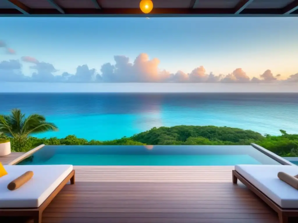Villa de lujo frente al mar en el Caribe con piscina infinita y yate privado al atardecer Villa de lujo frente al mar en el Caribe con piscina infinita, paisajismo tropical y yate privado en muelle de madera al atardecer