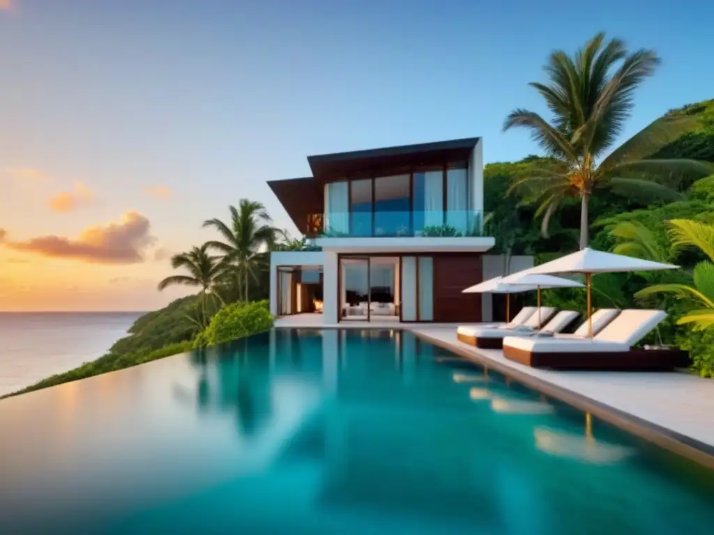 Villa de lujo frente al mar en el Caribe: arquitectura moderna, piscina infinita privada y atardecer dorado Villa de lujo frente al mar en el Caribe con piscina infinita privada y paisajes tropicales