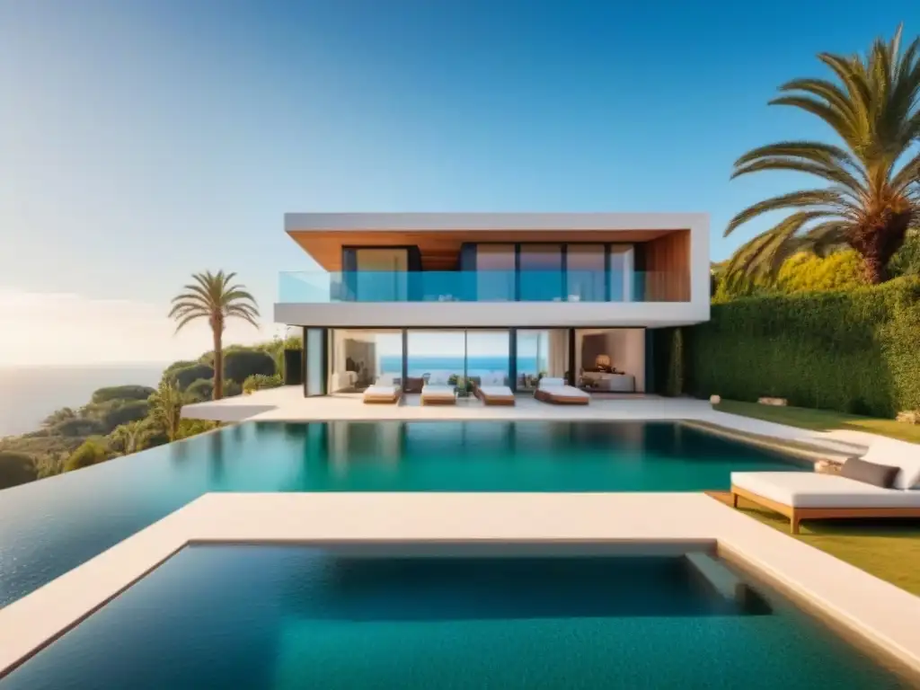 Villa de lujo en España: arquitectura moderna frente al mar Villa de lujo moderna en España con vistas al mar Mediterráneo y jardines exuberantes