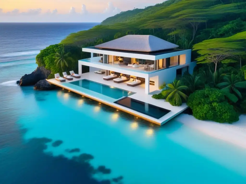 Villa de lujo frente al mar caribe al atardecer Villa de lujo en orilla caribeña, rodeada de exuberante vegetación tropical, piscina infinita y el sol cayendo