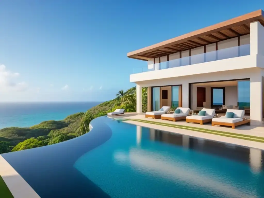 Villa de lujo en México: vista panorámica al mar desde piscina infinita Villa de lujo en México con piscina infinita y vista al mar, rodeada de vegetación y cielos despejados