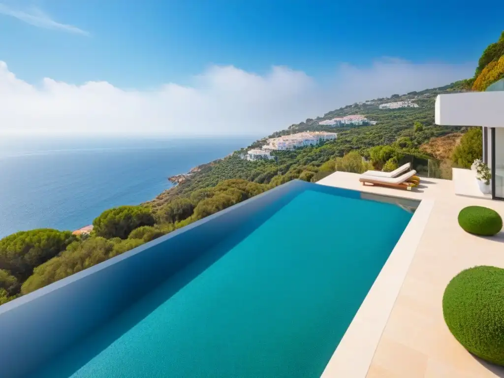 Villa de lujo en España: piscina infinita con vistas al mar Villa de lujo con piscina infinita en España, rodeada de vegetación y vistas al mar Mediterráneo