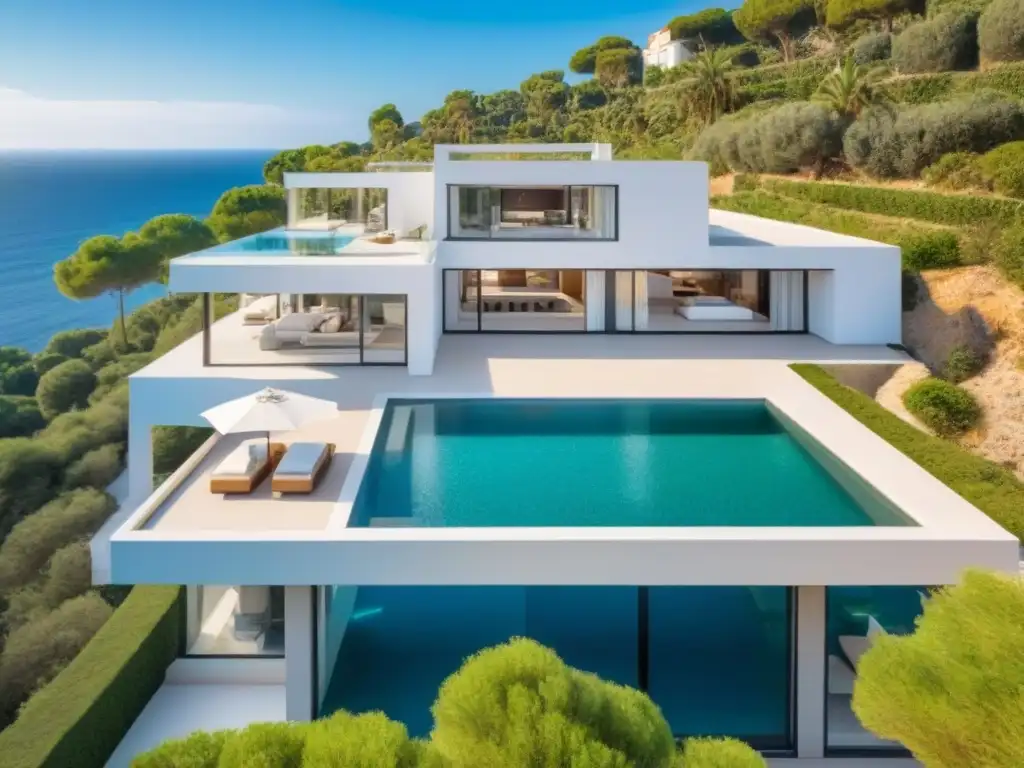 Villa de lujo en España: piscina infinita y vistas al mar Villa de lujo en España con piscina infinita, Mediterráneo, palmeras y arquitectura contemporánea