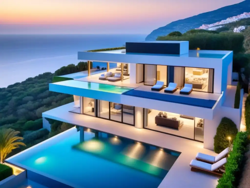 Villa de lujo con piscina infinita en España Villa de lujo con piscina infinita y vistas al mar Mediterráneo al atardecer en España