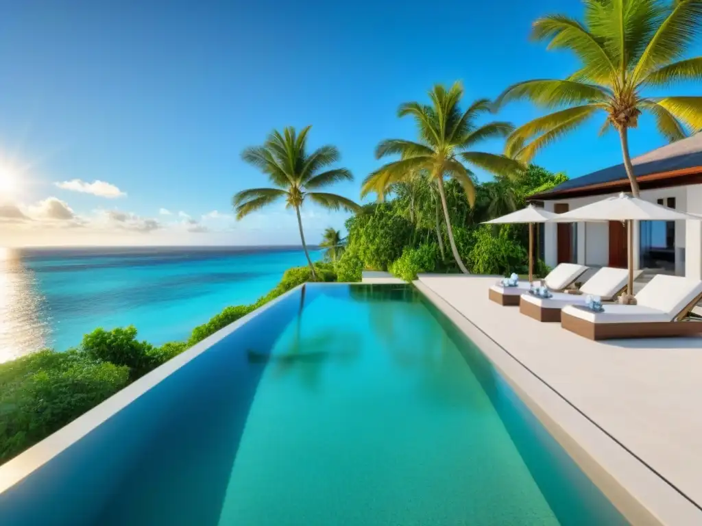 Villa de lujo en la playa: Caribe paradisíaco Una villa de lujo en el Caribe con piscina infinita privada y vista al mar al atardecer