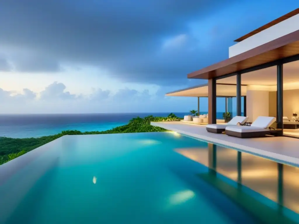 Villa de lujo en el Caribe Mexicano: arquitectura moderna y exclusividad Villa de lujo con vista al Caribe Mexicano, arquitectura moderna, piscina infinita y exuberante paisajismo tropical