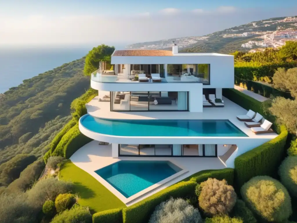 Villa de lujo en España: arquitectura moderna con vistas al mar Villa de lujo con vistas al mar Mediterráneo, terraza y piscina infinita