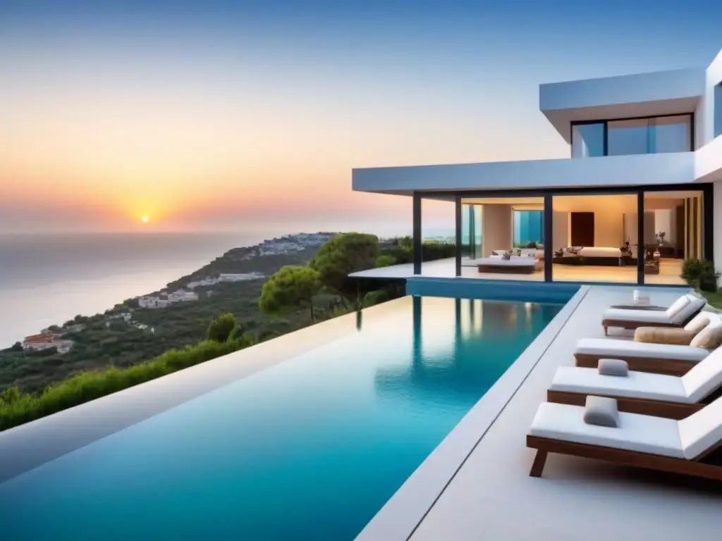 Villa de lujo en España: arquitectura moderna y vistas al mar Villa de lujo en España con vistas al mar Mediterráneo, piscina infinita y jardines exuberantes