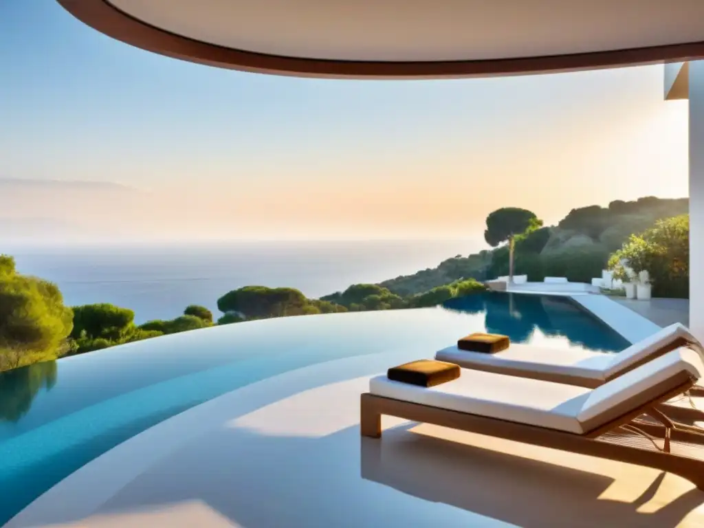 Villa de lujo con piscina infinita y vistas al mar Mediterráneo Villa de lujo con vistas al mar Mediterráneo, piscina infinita y terraza al atardecer