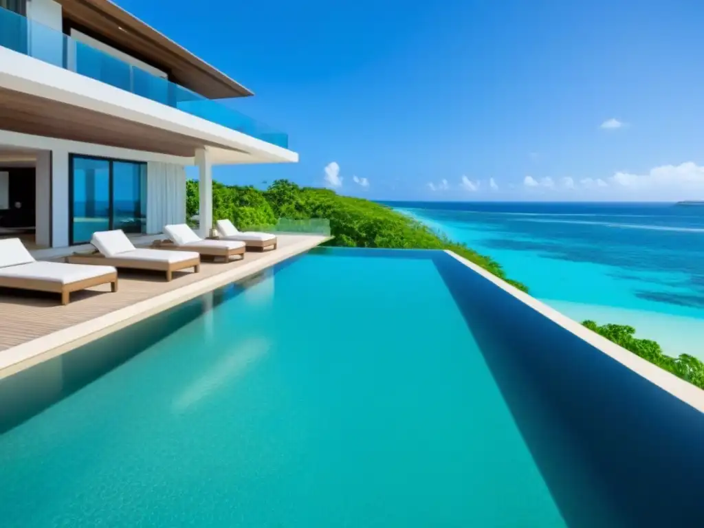 Villa de lujo frente al mar con piscina infinita y vistas turquesas Villa lujosa frente a la playa con piscina infinita, rodeada de exuberante vegetación tropical y un yate anclado cerca