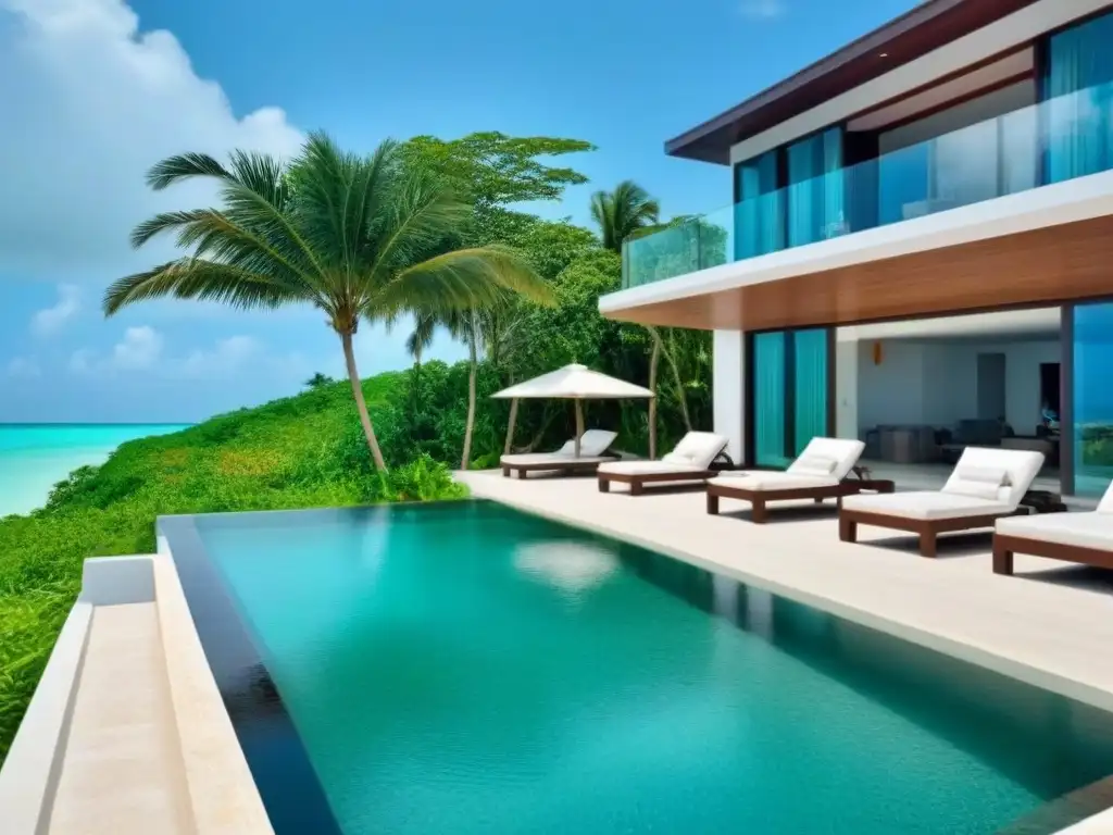 Villa de lujo frente al mar en Belice: diseño moderno y exclusivo Villa moderna de lujo frente a la playa en Belize, rodeada de vegetación tropical y aguas turquesas