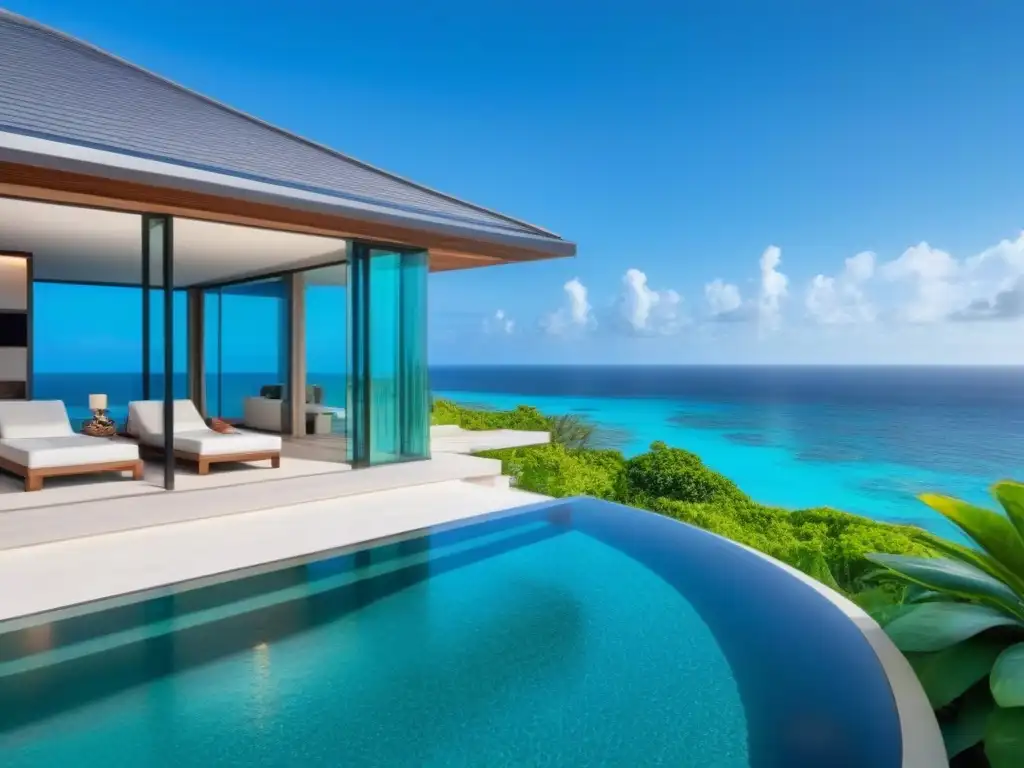 Villa de lujo frente al mar con diseño moderno y vistas al paraíso Villa moderna de lujo frente a la playa con diseño arquitectónico elegante, piscina infinita privada y vegetación tropical