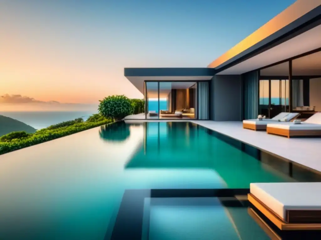 Villa de lujo con piscina infinita y diseño moderno Villa moderna de lujo con piscina infinita y jardín exuberante al atardecer