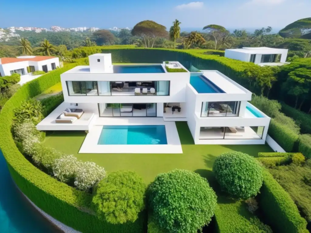 Villa de lujo: vista aérea con drone Villa moderna de lujo rodeada de vegetación capturada por dron