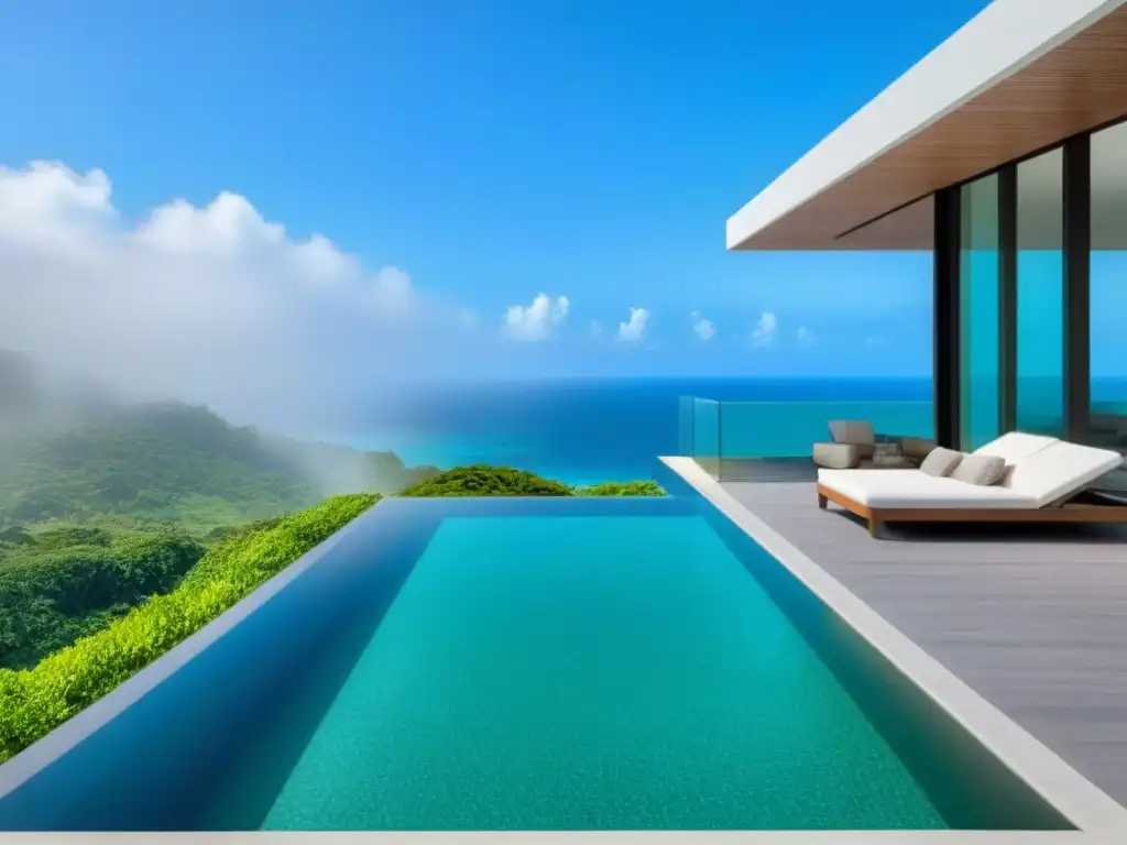 Villa moderna de lujo con vista al mar, piscina infinita y diseño contemporáneo, rodeada de vegetación exuberante y tranquilidad