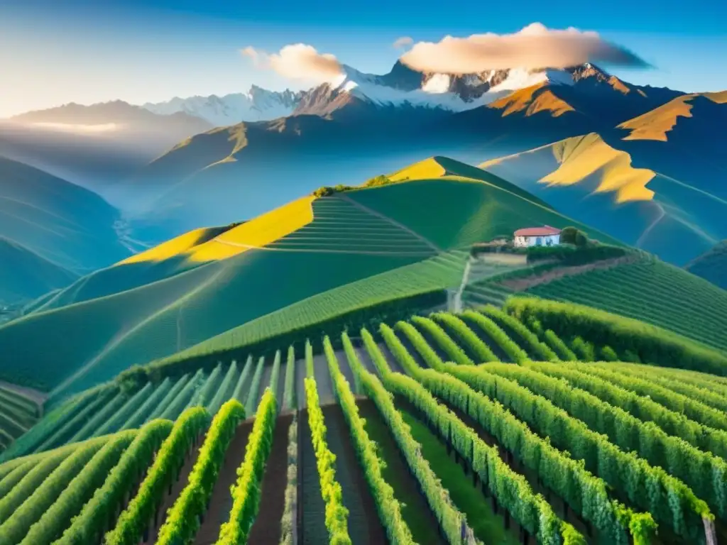 Viñedo en los Andes: belleza verde y serenidad Un viñedo exuberante en las colinas de los Andes, inspección de propiedad en Sudamérica
