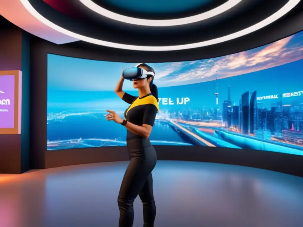 Guía de Tour Virtual en Ambiente Futurista Un guía virtual en un entorno futurista con elementos interactivos y una ciudad virtual al fondo