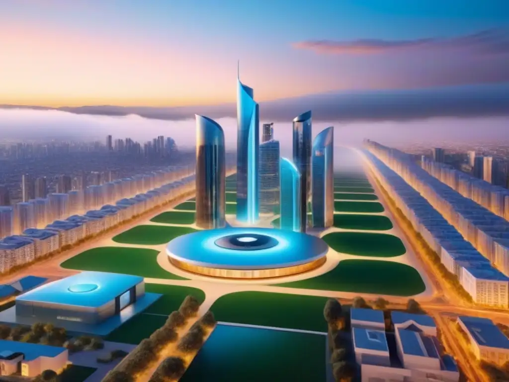 Smart home futurista en ciudad urbana: IA y tecnología avanzada Una visión futurista de una casa inteligente integrada en una ciudad, destacando la IA en valoración inmobiliaria