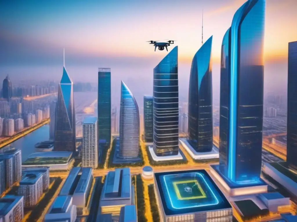 Metrópolis futurista: IA revoluciona mercado inmobiliario Una visión futurista de la ciudad con Inteligencia Artificial en Bienes Raíces: drones y robots asistiendo en transacciones inmobiliarias