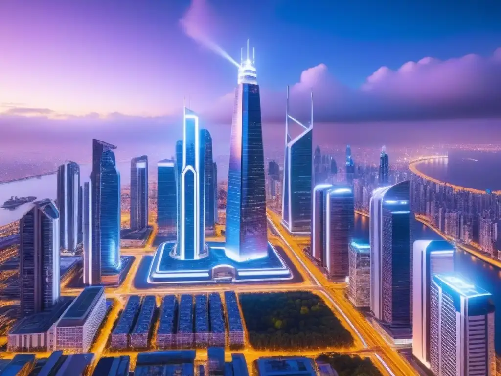 Metrópolis futurista: rascacielos brillantes y drones AI en 8k Una visión futurista de una ciudad con rascacielos brillantes y luces de neón, mostrando drones y vehículos autónomos