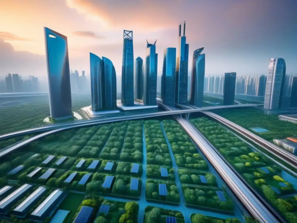 Futurismo sostenible: ciudad innovadora y verde Una visión futurista de una ciudad con rascacielos innovadores y sostenibles, rodeados de vegetación exuberante