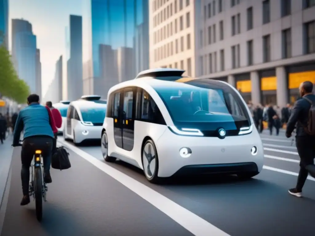 Escena urbana futurista: Movilidad sostenible y moderna en la ciudad Una visión futurista de la ciudad integrando servicios de movilidad como ridesharing, bicicletas y transporte público, reflejando innovación urbana
