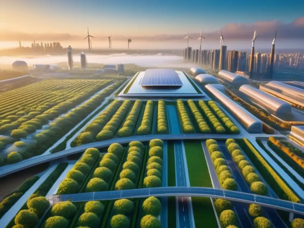Cityscape futurista con tecnologías sostenibles integradas Una visión futurista de una ciudad con tecnologías sostenibles para minimizar la huella de carbono