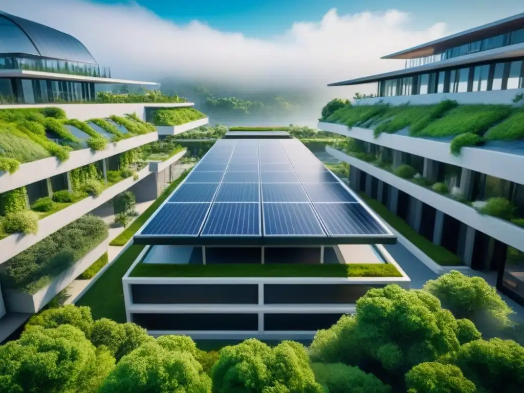 Complejo sostenible futurista: diseño innovador y éxito financiero Una visión futurista de un complejo de edificios sustentables, integrando la inversión sostenible en el mercado inmobiliario