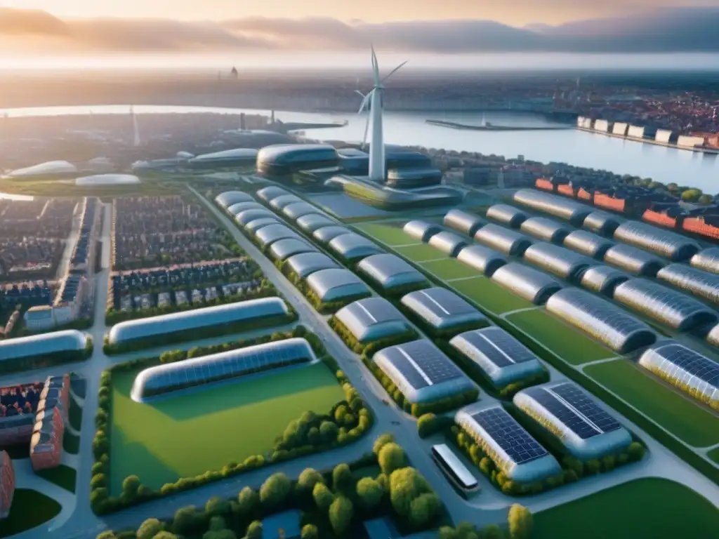 Horizonte sostenible: Futurista Zero Emission District de Copenhague Una visión futurista de Copenhague con edificios sostenibles y energía renovable integrada