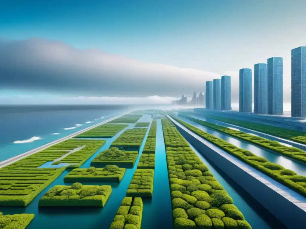 Metrópolis costera sostenible: arquitectura innovadora y tecnología verde en tiempos de cambio climático Una visión futurista de la conservación de estructuras costeras ante el nivel del mar, en una ciudad innovadora y sostenible