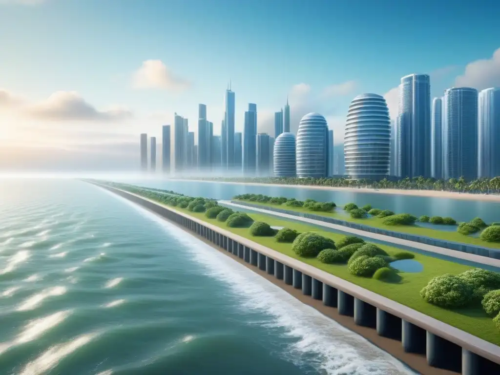 Visión futurista de ciudad costera: infraestructura climática innovadora Una visión futurista de la prevención de riesgos en infraestructuras costeras, con arquitectura moderna y espacios verdes en armonía con la naturaleza