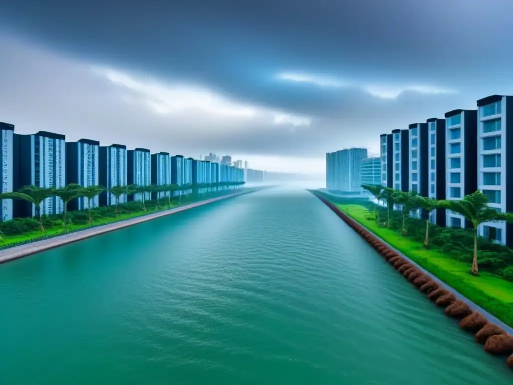 Metrópolis costera futurista con infraestructura antinundaciones Una visión futurista de la prevención riesgos infraestructuras costeras en una ciudad costera, fusionando naturaleza y tecnología