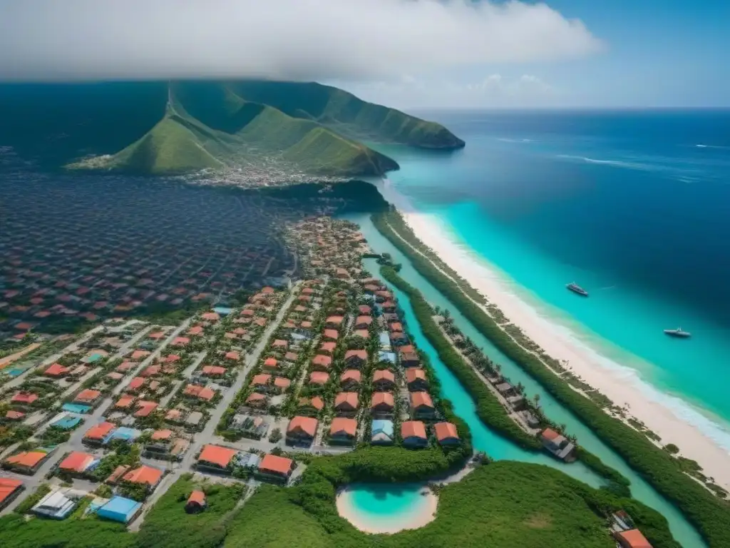 Encanto costero: Pueblo mexicano vibrante y sostenible Vista aérea de un animado pueblo costero mexicano, con resorts, mercados y arquitectura local colorida junto al mar turquesa y exuberante vegetación