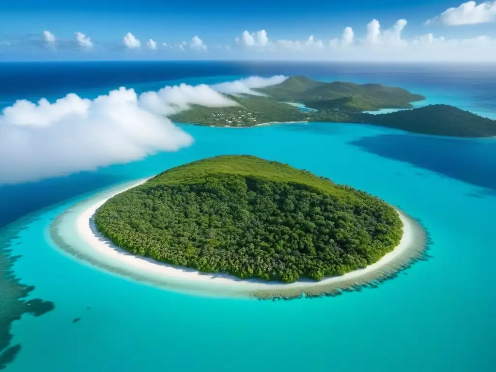 Paraíso caribeño: aguas turquesas y arrecifes en Antigua y Barbuda Vista aérea de Antigua y Barbuda: aguas turquesas, arrecifes de coral, playas blancas y propiedades frente al mar